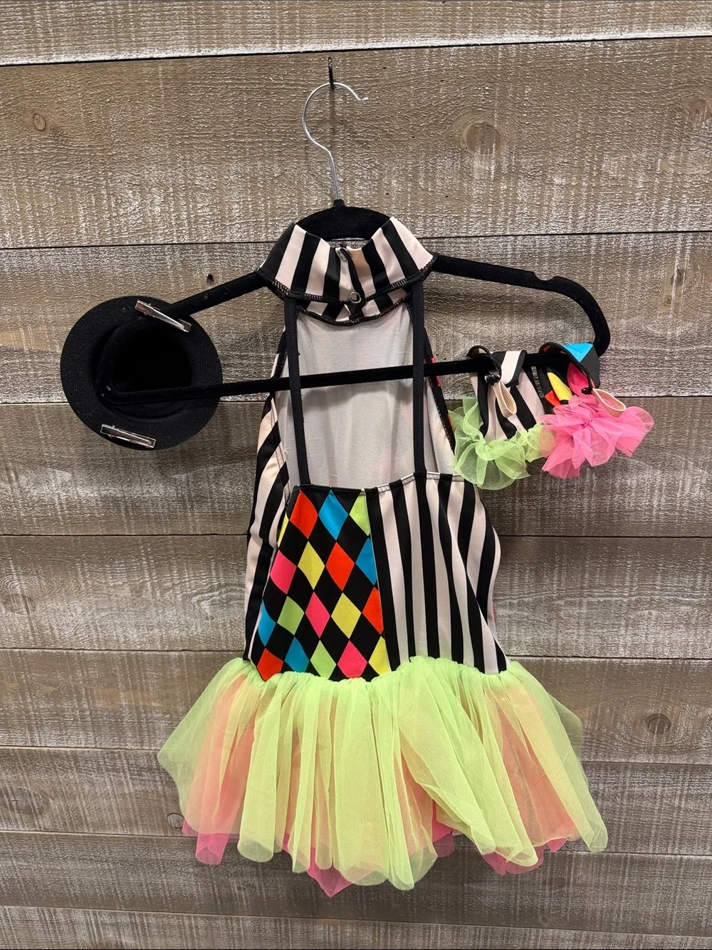 Weissman’s child M dance/skating Neon Harlequin Clown Costume Dress with Pom Pom